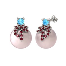 Afra İnci Küpe - Akuamarin, kök yakut ve pembe inci 14 ayar beyaz altın küpe #7weg90