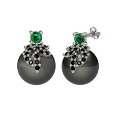 Yeşil kuvars, siyah zirkon ve siyah inci 18 ayar beyaz altın küpe