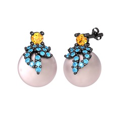 Afra İnci Küpe - Sitrin, akuamarin ve pembe inci 925 ayar siyah rodyum kaplama gümüş küpe #83zlex