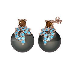 Afra İnci Küpe - Dumanlı kuvars, akuamarin ve siyah inci 8 ayar rose altın küpe #87f4m9