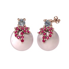 Afra İnci Küpe - Pırlanta, rodolit garnet ve pembe inci 8 ayar rose altın küpe (0.22 karat) #8ayxsx