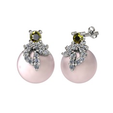 Afra İnci Küpe - Peridot, pırlanta ve pembe inci 18 ayar beyaz altın küpe (0.352 karat) #8b0qj7
