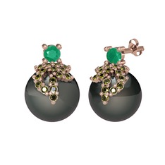 Kök zümrüt, peridot ve siyah inci 18 ayar rose altın küpe