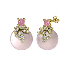 Pembe kuvars, beyaz zirkon ve pembe inci 14 ayar altın küpe