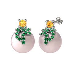 Afra İnci Küpe - Sitrin, yeşil kuvars ve pembe inci 18 ayar beyaz altın küpe #8in5a3