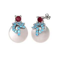 Afra İnci Küpe - Kök yakut, akuamarin ve inci 14 ayar beyaz altın küpe #8kouhw