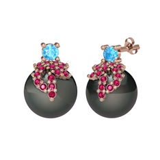 Afra İnci Küpe - Akuamarin, rodolit garnet ve siyah inci 18 ayar rose altın küpe #8lqpyn