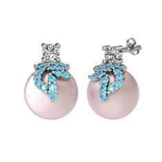 Afra İnci Küpe - Beyaz zirkon, akuamarin ve pembe inci 18 ayar beyaz altın küpe #8spr25