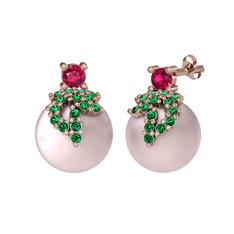 Afra İnci Küpe - Rodolit garnet, yeşil kuvars ve pembe inci 925 ayar rose altın kaplama gümüş küpe #901ez4