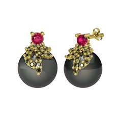 Afra İnci Küpe - Rodolit garnet, peridot ve siyah inci 14 ayar altın küpe #90bjxr