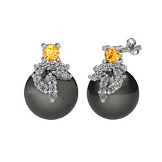 Afra İnci Küpe - Sitrin, pırlanta ve siyah inci 14 ayar beyaz altın küpe (0.352 karat) #98e8jg