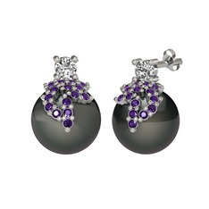 Afra İnci Küpe - Swarovski, ametist ve siyah inci 925 ayar gümüş küpe #a6au12