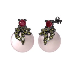 Afra İnci Küpe - Kök yakut, peridot ve pembe inci 925 ayar siyah rodyum kaplama gümüş küpe #a6qhek