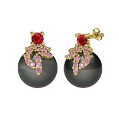 Afra İnci Küpe - Garnet, pembe kuvars ve siyah inci 8 ayar altın küpe #a6uuns