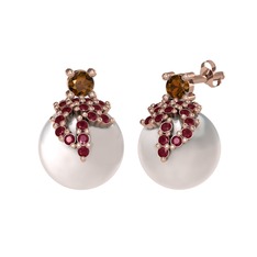 Afra İnci Küpe - Dumanlı kuvars, kök yakut ve inci 14 ayar rose altın küpe #a7eyrb