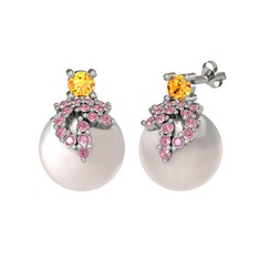 Sitrin, pembe kuvars ve inci 925 ayar gümüş küpe