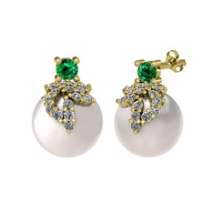 Afra İnci Küpe - Yeşil kuvars, pırlanta ve inci 8 ayar altın küpe (0.352 karat) #a7wiuf