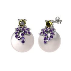 Afra İnci Küpe - Peridot, ametist ve inci 8 ayar beyaz altın küpe #a9rnd8