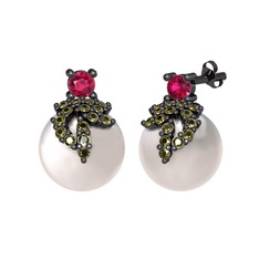 Afra İnci Küpe - Rodolit garnet, peridot ve inci 925 ayar siyah rodyum kaplama gümüş küpe #acpbm5