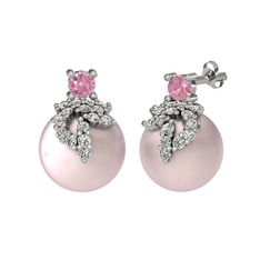 Afra İnci Küpe - Pembe kuvars, swarovski ve pembe inci 8 ayar beyaz altın küpe #ae4rle