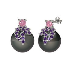 Afra İnci Küpe - Pembe kuvars, ametist ve siyah inci 8 ayar beyaz altın küpe #aiamcj