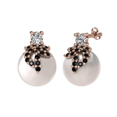 Afra İnci Küpe - Beyaz zirkon, siyah zirkon ve inci 8 ayar rose altın küpe #anelht