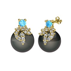 Afra İnci Küpe - Akuamarin, beyaz zirkon ve siyah inci 14 ayar altın küpe #asouxu