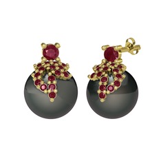 Kök yakut ve siyah inci 14 ayar altın küpe