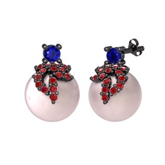 Lab safir, garnet ve pembe inci 925 ayar siyah rodyum kaplama gümüş küpe