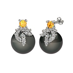 Afra İnci Küpe - Sitrin, swarovski ve siyah inci 8 ayar beyaz altın küpe #bdgdrt