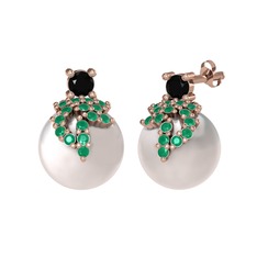 Afra İnci Küpe - Siyah zirkon, kök zümrüt ve inci 8 ayar rose altın küpe #bhxtcr