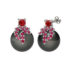 Garnet, rodolit garnet ve siyah inci 925 ayar gümüş küpe