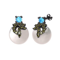 Afra İnci Küpe - Akuamarin, peridot ve inci 925 ayar siyah rodyum kaplama gümüş küpe #bmidyw