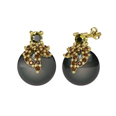 Afra İnci Küpe - Peridot, dumanlı kuvars ve siyah inci 8 ayar altın küpe #bq27ka