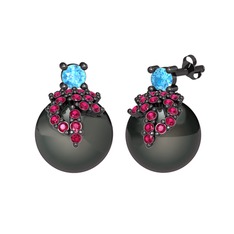 Afra İnci Küpe - Akuamarin, rodolit garnet ve siyah inci 925 ayar siyah rodyum kaplama gümüş küpe #c52sjq