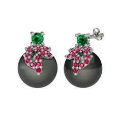 Afra İnci Küpe - Yeşil kuvars, rodolit garnet ve siyah inci 14 ayar beyaz altın küpe #car5q5