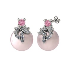 Afra İnci Küpe - Pembe kuvars, pırlanta ve pembe inci 14 ayar beyaz altın küpe (0.352 karat) #cflq5z