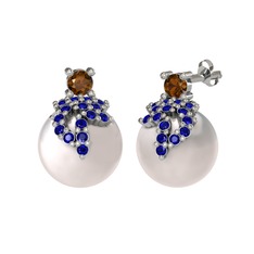 Afra İnci Küpe - Dumanlı kuvars, lab safir ve inci 14 ayar beyaz altın küpe #ciay7g