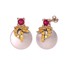 Afra İnci Küpe - Rodolit garnet, sitrin ve pembe inci 8 ayar rose altın küpe #cou53a