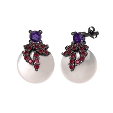 Afra İnci Küpe - Ametist, kök yakut ve inci 925 ayar siyah rodyum kaplama gümüş küpe #ctafmt