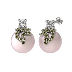 Afra İnci Küpe - Swarovski, peridot ve pembe inci 8 ayar beyaz altın küpe #cyazq5