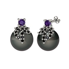 Afra İnci Küpe - Ametist, siyah zirkon ve siyah inci 8 ayar beyaz altın küpe #d14pio