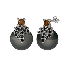 Afra İnci Küpe - Dumanlı kuvars, siyah zirkon ve siyah inci 18 ayar beyaz altın küpe #d4u7wm