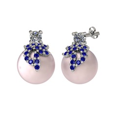 Pırlanta, lab safir ve pembe inci 14 ayar beyaz altın küpe (0.22 karat)