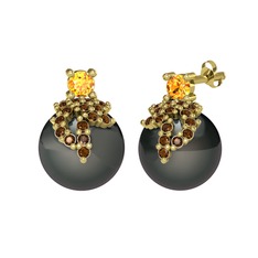 Sitrin, dumanlı kuvars ve siyah inci 8 ayar altın küpe