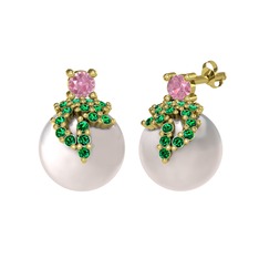 Afra İnci Küpe - Pembe kuvars, yeşil kuvars ve inci 925 ayar altın kaplama gümüş küpe #dw14hk