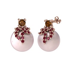 Afra İnci Küpe - Dumanlı kuvars, kök yakut ve pembe inci 14 ayar rose altın küpe #e26auv