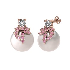 Swarovski, pembe kuvars ve inci 14 ayar rose altın küpe