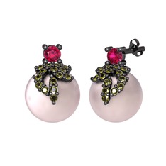 Afra İnci Küpe - Rodolit garnet, peridot ve pembe inci 925 ayar siyah rodyum kaplama gümüş küpe #e740lp