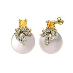 Afra İnci Küpe - Sitrin, beyaz zirkon ve inci 925 ayar altın kaplama gümüş küpe #ex8zm1